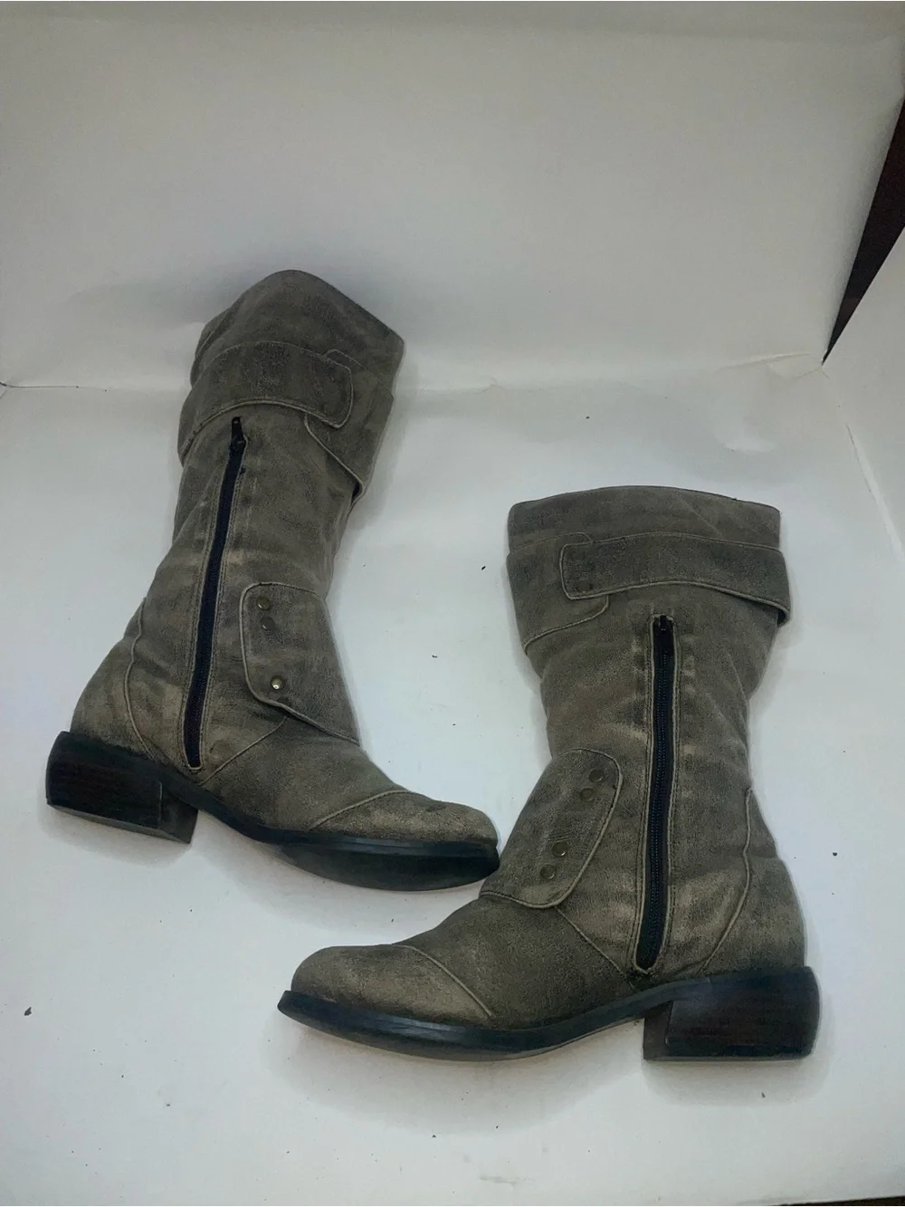 Two Lips Distressed Grey Suede feel 14” tall Buckle Boots